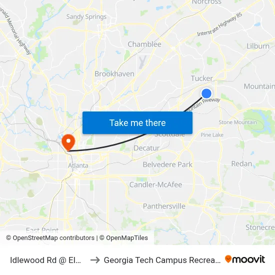 Idlewood Rd @ Elmdale Dr to Georgia Tech Campus Recreation Center map