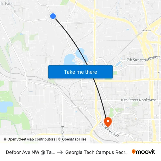 Defoor Ave NW @ Taylor St NW to Georgia Tech Campus Recreation Center map