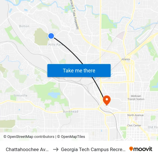 Chattahoochee Ave @ 1495 to Georgia Tech Campus Recreation Center map
