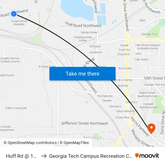 Huff Rd @ 1088 to Georgia Tech Campus Recreation Center map