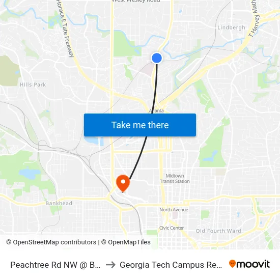 Peachtree Rd NW @ Bennett St NW to Georgia Tech Campus Recreation Center map