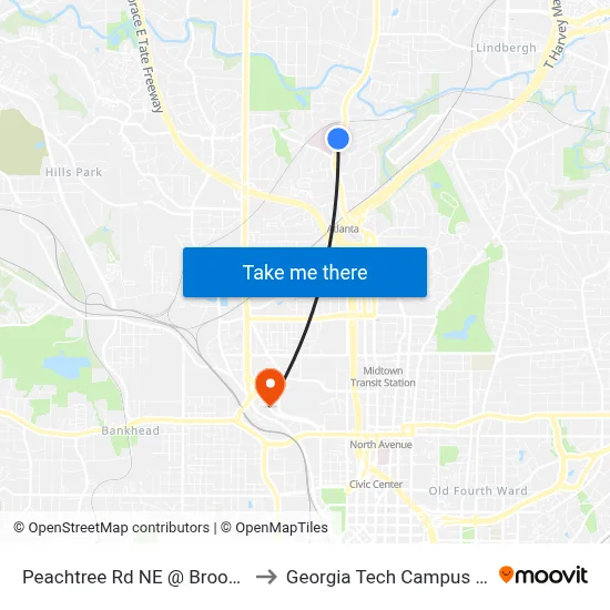 Peachtree Rd NE @ Brookwood Valley Cir NE to Georgia Tech Campus Recreation Center map