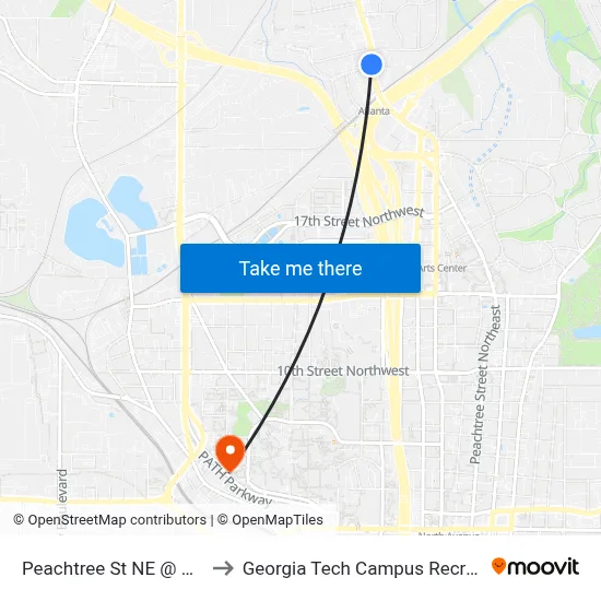 Peachtree St NE @ 25th St NW to Georgia Tech Campus Recreation Center map