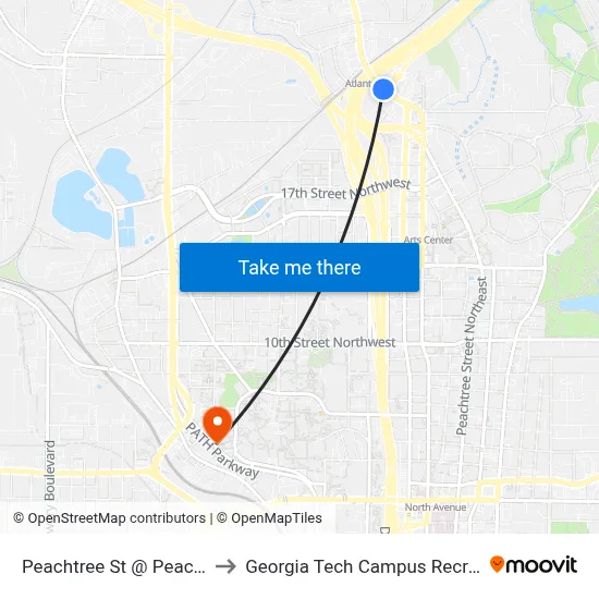 Peachtree St @ Peachtree Conn to Georgia Tech Campus Recreation Center map