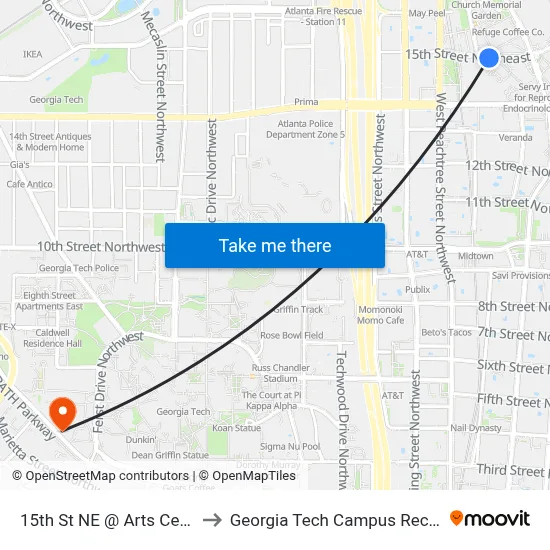 15th St NE @ Arts Center Way NE to Georgia Tech Campus Recreation Center map