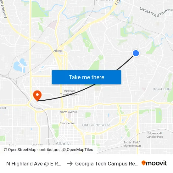 N Highland Ave @ E Rock Springs Rd to Georgia Tech Campus Recreation Center map