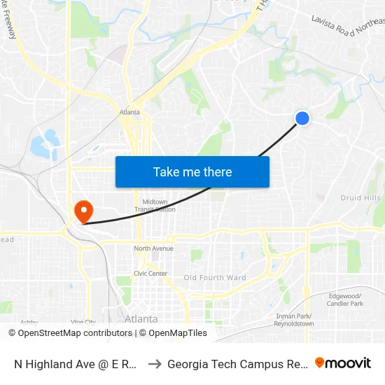 N Highland Ave @ E Rock Springs Rd to Georgia Tech Campus Recreation Center map