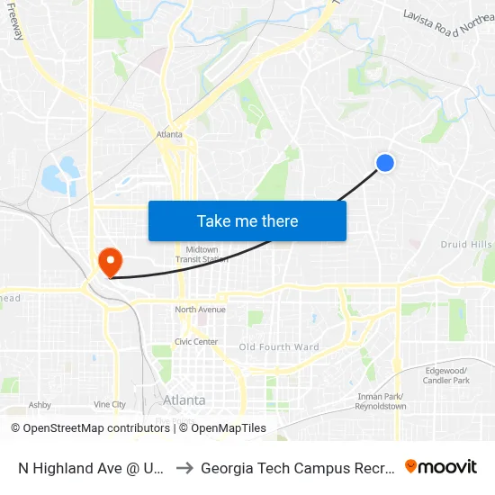 N Highland Ave @ University Dr to Georgia Tech Campus Recreation Center map