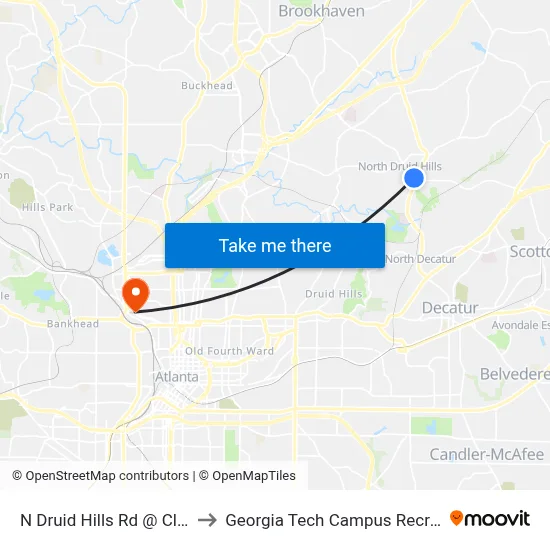 N Druid Hills Rd @ Clairmont Rd to Georgia Tech Campus Recreation Center map