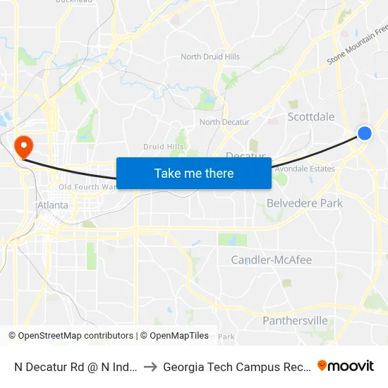 N Decatur Rd @ N Indian Creek Dr to Georgia Tech Campus Recreation Center map