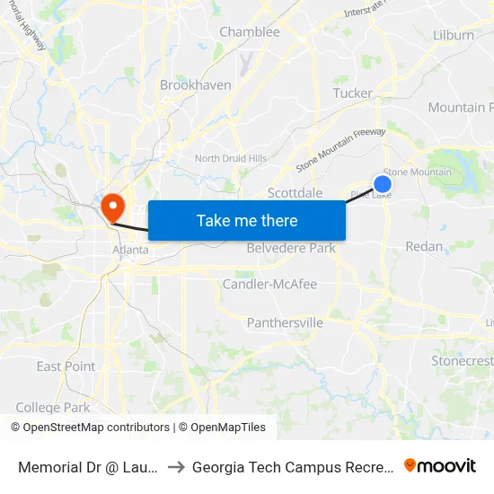 Memorial Dr @ Lauren Pkwy to Georgia Tech Campus Recreation Center map