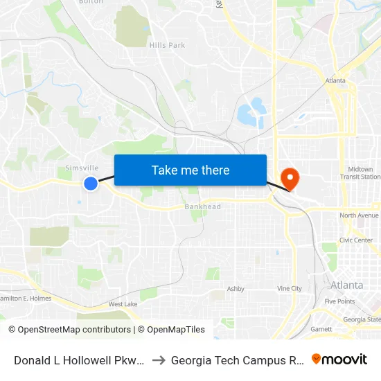 Donald L Hollowell Pkwy @ Emily Pl NW to Georgia Tech Campus Recreation Center map