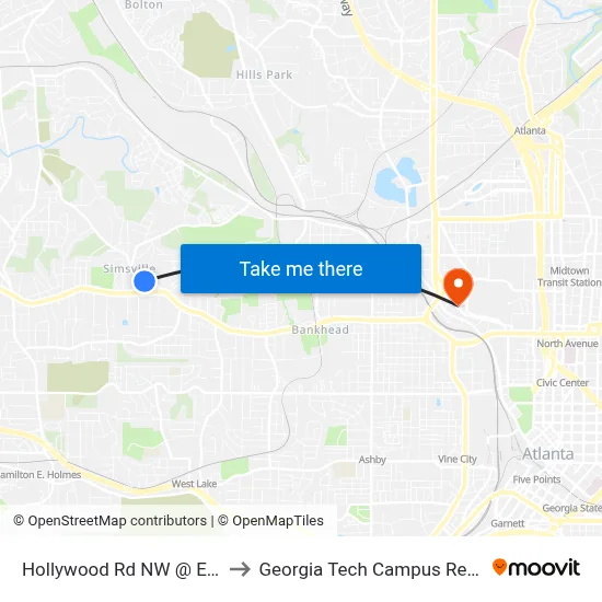 Hollywood Rd NW @ Eugenia Pl NW to Georgia Tech Campus Recreation Center map