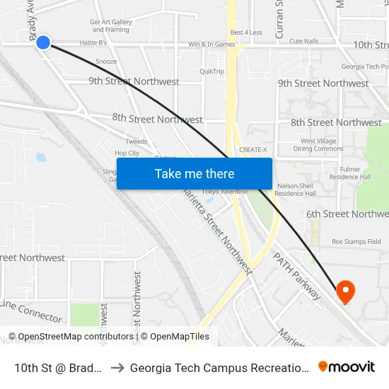 10th St @ Brady Ave to Georgia Tech Campus Recreation Center map