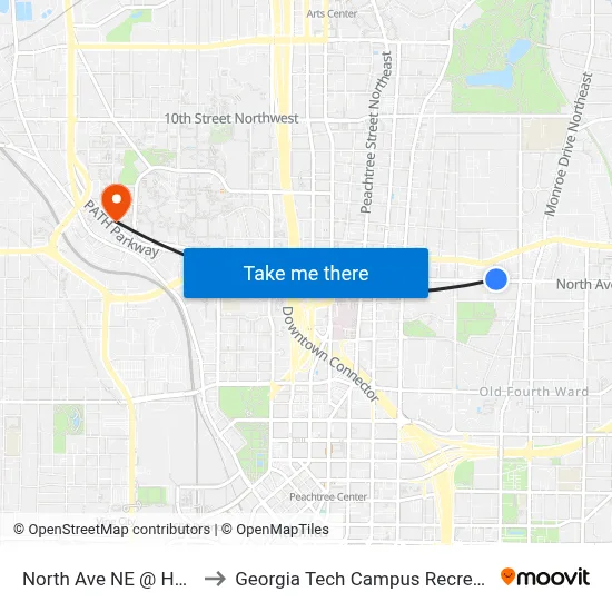 North Ave NE @ Hunt St NE to Georgia Tech Campus Recreation Center map