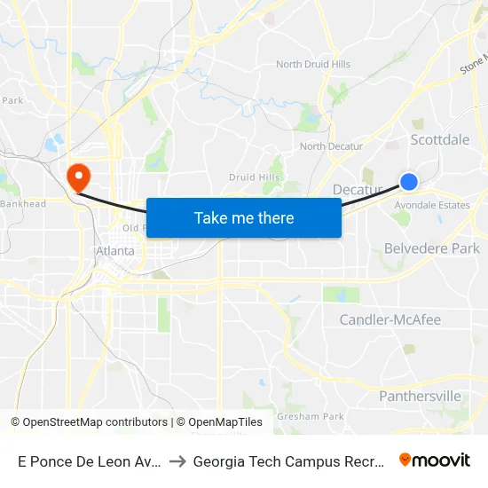 E Ponce De Leon Ave @ 2775 to Georgia Tech Campus Recreation Center map
