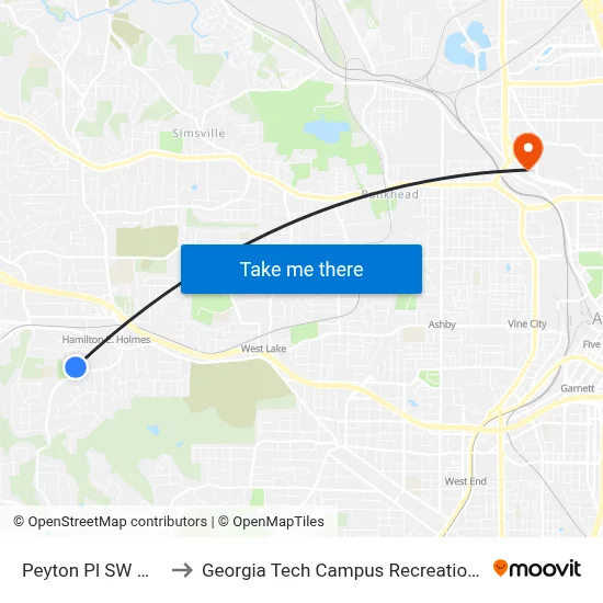 Peyton Pl SW @ 150 to Georgia Tech Campus Recreation Center map