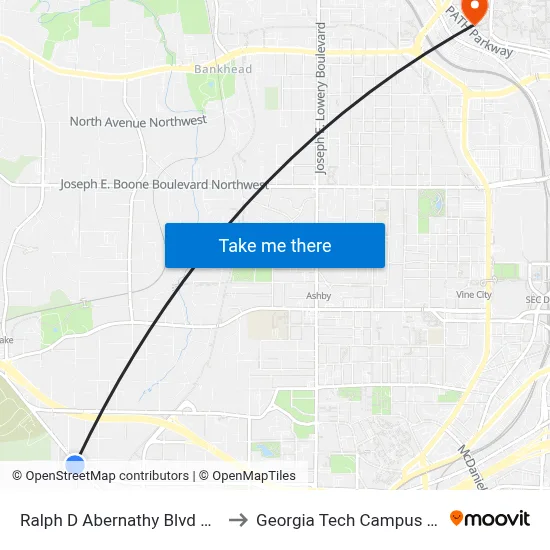 Ralph D Abernathy Blvd @ E Ontario Ave SW to Georgia Tech Campus Recreation Center map