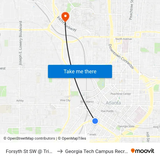 Forsyth St SW @ Trinity Ave SW to Georgia Tech Campus Recreation Center map