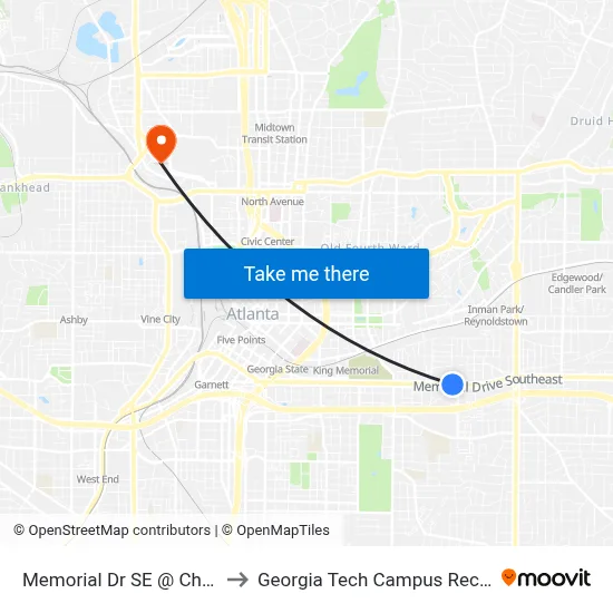 Memorial Dr SE @ Chester Ave SE to Georgia Tech Campus Recreation Center map