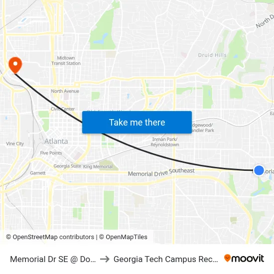 Memorial Dr SE @ Douglas St SE to Georgia Tech Campus Recreation Center map