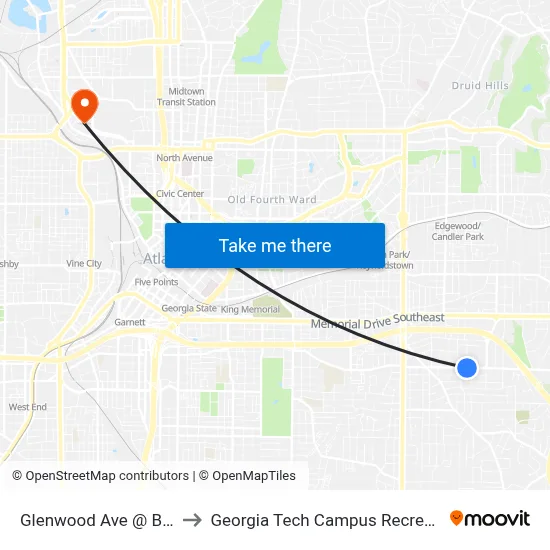 Glenwood Ave @ Blake Ave to Georgia Tech Campus Recreation Center map