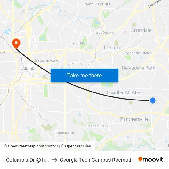 Columbia Dr @ Irish Ln to Georgia Tech Campus Recreation Center map