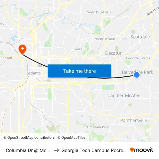 Columbia Dr @ Memorial Dr to Georgia Tech Campus Recreation Center map