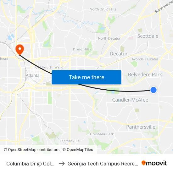 Columbia Dr @ Columbia Cir to Georgia Tech Campus Recreation Center map
