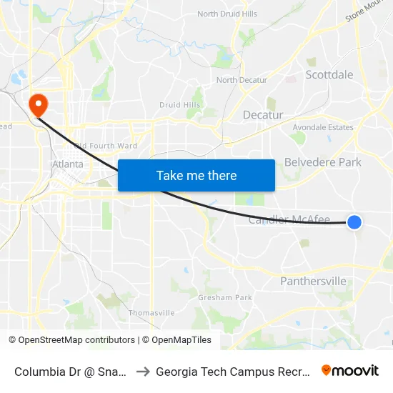 Columbia Dr @ Snapfinger Rd to Georgia Tech Campus Recreation Center map