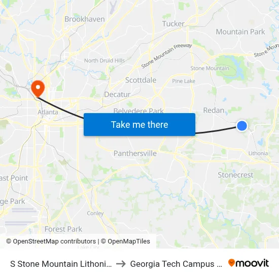 S Stone Mountain Lithonia Rd @ Redan East to Georgia Tech Campus Recreation Center map