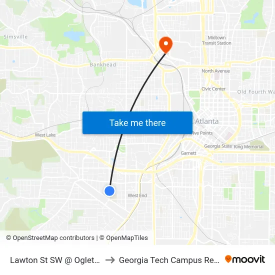 Lawton St SW @ Oglethorpe Ave SW to Georgia Tech Campus Recreation Center map