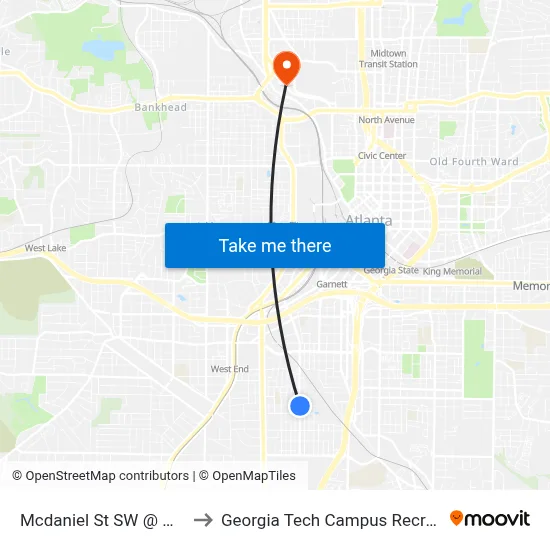 Mcdaniel St SW @ Mary St SW to Georgia Tech Campus Recreation Center map