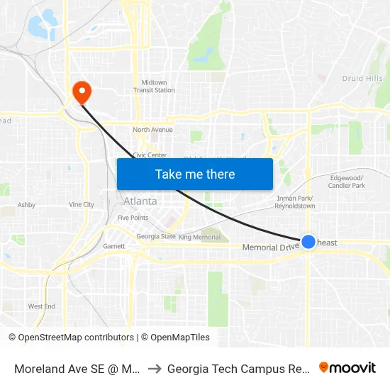 Moreland Ave SE @ Memorial Dr SE to Georgia Tech Campus Recreation Center map