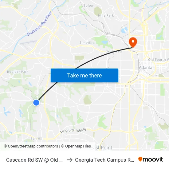 Cascade Rd SW @ Old Cascade Rd SW to Georgia Tech Campus Recreation Center map