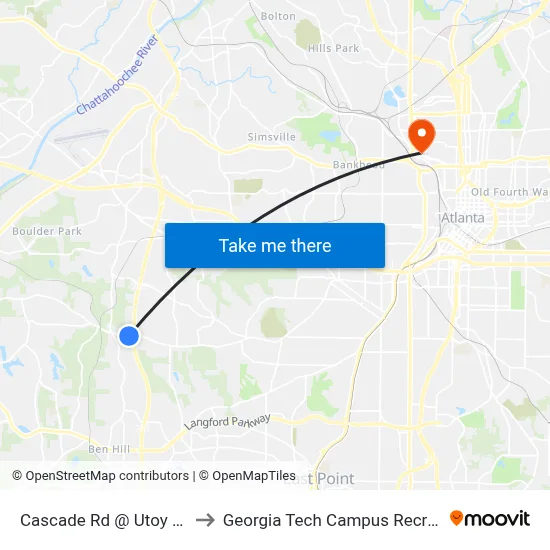 Cascade Rd @ Utoy Springs Rd to Georgia Tech Campus Recreation Center map