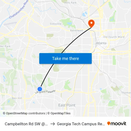 Campbellton Rd SW @ Harbin Rd SW to Georgia Tech Campus Recreation Center map