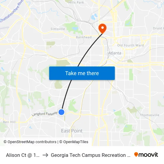 Alison Ct @ 1935 to Georgia Tech Campus Recreation Center map