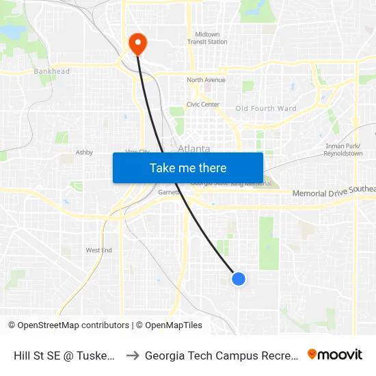 Hill St SE @ Tuskegee St SE to Georgia Tech Campus Recreation Center map