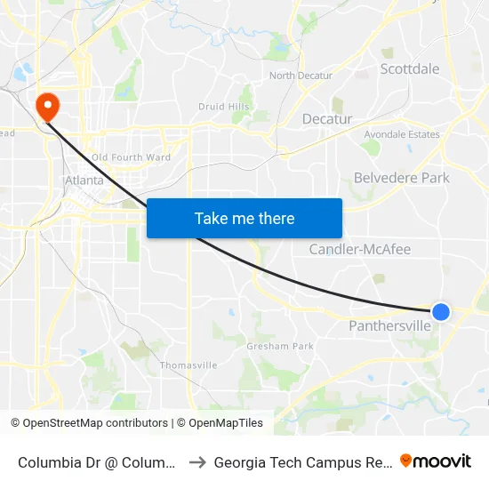Columbia Dr @ Columbia Crossing Dr to Georgia Tech Campus Recreation Center map