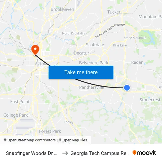 Snapfinger Woods Dr @ Shellbark Rd to Georgia Tech Campus Recreation Center map
