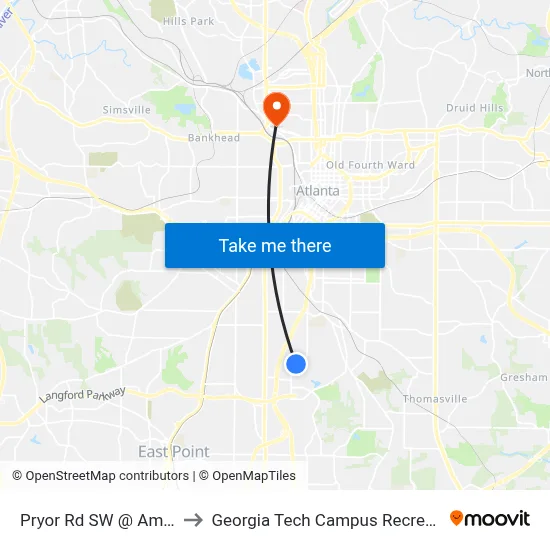 Pryor Rd SW @ Amal Dr SW to Georgia Tech Campus Recreation Center map