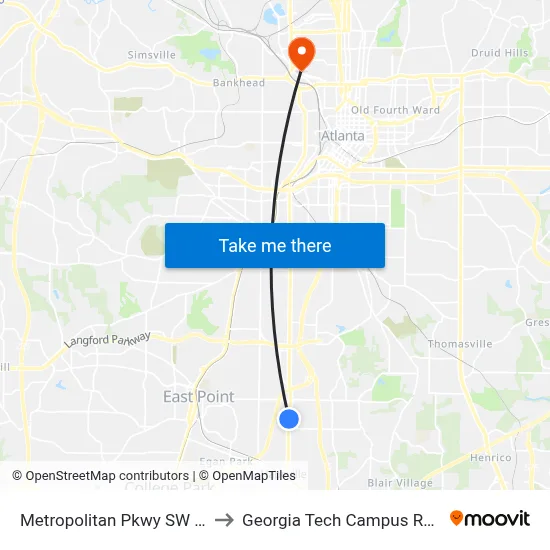 Metropolitan Pkwy SW @ Steve Dr SW to Georgia Tech Campus Recreation Center map