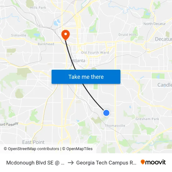 Mcdonough Blvd SE @ Moreland Dr SE to Georgia Tech Campus Recreation Center map