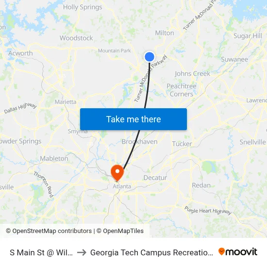 S Main St @ Wills Rd to Georgia Tech Campus Recreation Center map