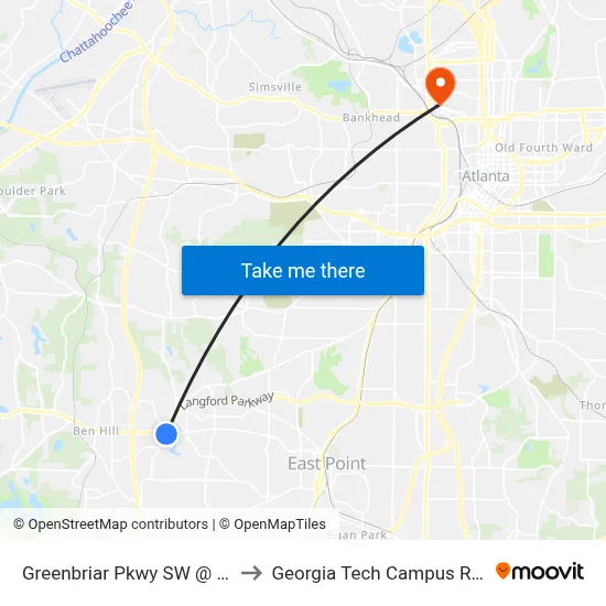 Greenbriar Pkwy SW @ Headland Dr SW to Georgia Tech Campus Recreation Center map