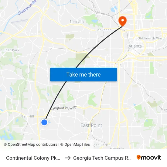 Continental Colony Pkwy @ Riviera Dr to Georgia Tech Campus Recreation Center map