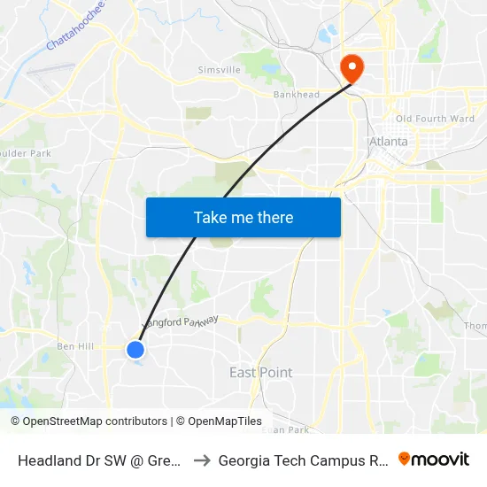 Headland Dr SW @ Greenbriar Pkwy SW to Georgia Tech Campus Recreation Center map