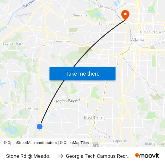 Stone Rd @ Meadowbridge Dr to Georgia Tech Campus Recreation Center map