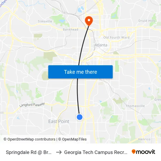 Springdale Rd @ Brookdale Dr to Georgia Tech Campus Recreation Center map